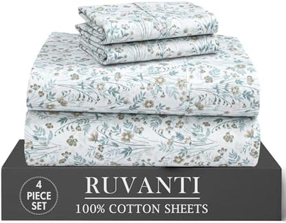 RUVANTI 100% Cotton Twin Sheets, Percale Twin Sheet Set, Fleur & Field
