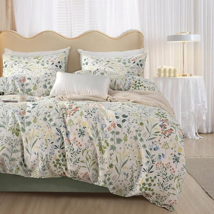 Vintage Botanical Floral Comforter Set Full Size Aesthetic Cute Flowers Comforter Fluffy Soft Boho Garden Floral Bedding Comforter with 2 Pillowcases Girls Cottagecore Comforter Set for All Seasons
