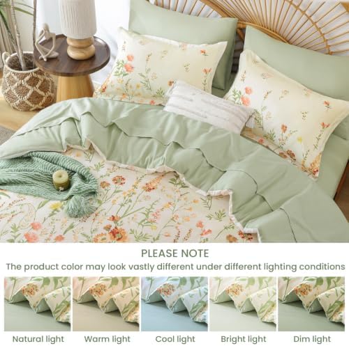 Yiran Beige Floral Comforter Set Queen Size, 7 Piece Cute Comforters Bed in a Bag Khaki Flower, Soft Coquette Cottagecore Aesthetic Botanical Bedding Set with Sheets for Women Girls