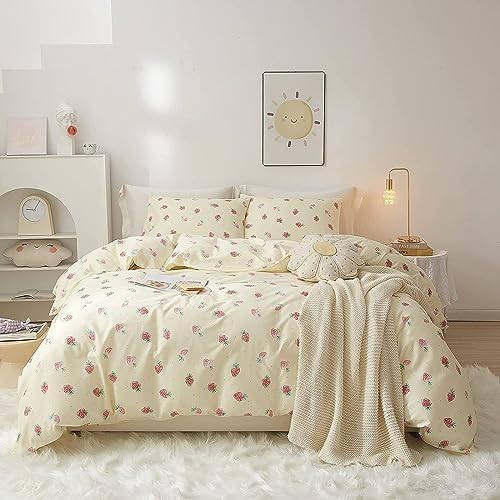 Cute Strawberry Comforter Set Full Size Girls Teens Kawaii Bedding Set Full Fruit Strawberry Comforter with 2 Pillowcases Fluffy Comfy All Seasons Bedding Full Size Comforter Set for Kids Boys Toddler