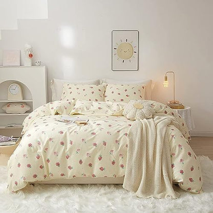 LifeTB Cute Strawberry Duvet Cover Twin Kids Girls Strawberry Bedding Set Kawaii Kids Duvet Cover Soft 100% Cotton Fruit Bedding Cover Boy Teen Cute Comforter Cover with 2 Pillowcases, Cream White
