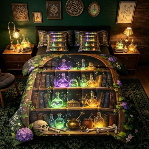 Erosebridal Witchcraft Library 7 Pcs Bedding Set Queen Gothic Bookshelf Skull Comforter Set with Sheets Mysterious Spooky Halloween Bed in a Bag Wizard Antique Bookcase Vintage Bed Sets Comforter