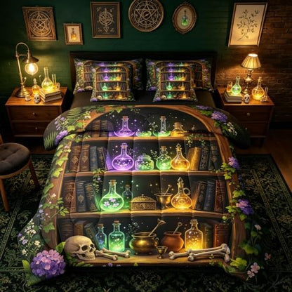 Erosebridal Witchcraft Library 7 Pcs Bedding Set Queen Gothic Bookshelf Skull Comforter Set with Sheets Mysterious Spooky Halloween Bed in a Bag Wizard Antique Bookcase Vintage Bed Sets Comforter