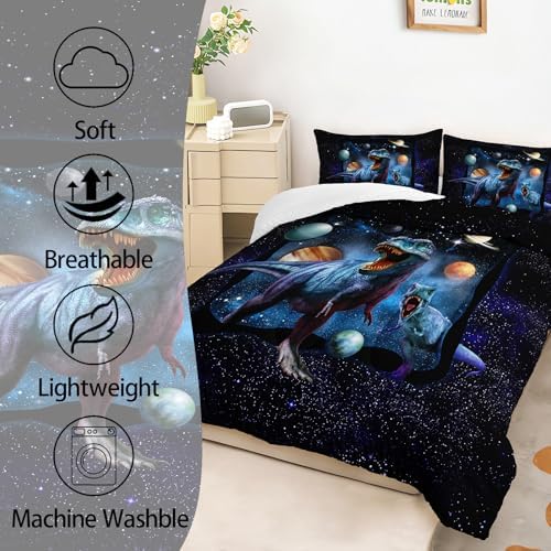 AILONEN Space Galaxy Dinosaur Bedding Set, Purple Dreamy Nebula Dinosaur Queen Size Bedding Sets for Boys Girls,Dino Roar Planet Pattern Soft Breathable Quilt Set 3Pcs(1 Comforter + 2 Pillowcase)