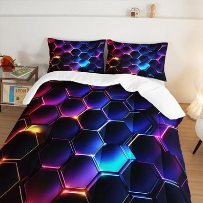 HOSIMA 3D Hexagon Honeycomb Boys Comforter Set Full with 2 Pillowcases.