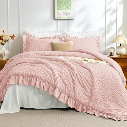 JOLLYVOGUE King Size Comforter Set, 3 Pieces Rose Gold Seersucker Comforters King Size, Lightweight & Fluffy Bedding Sets King for All Season with 1 Ruffle Comforter and 2 Ruffle Pillowshams