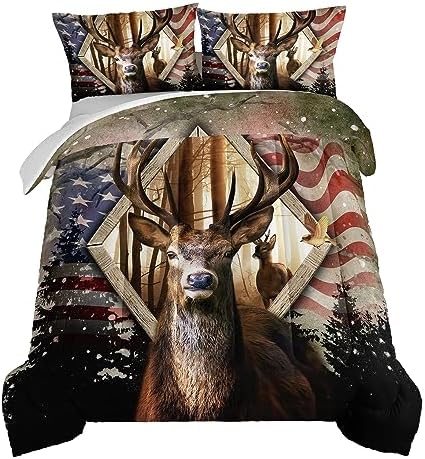HOSIMA Hunting Bedding Sets 3Pcs Deer Comforter with 2 Pillowcases,Western Farmhouse Animal Hunting Stars Stripes USA Flag Twin Comforter for Teen Boys Mens Bedroom Essentials RV Inside Decor.