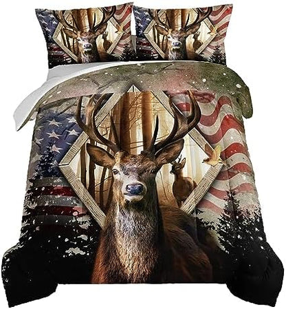 HOSIMA Hunting Bedding Sets 3Pcs Deer Comforter with 2 Pillowcases,Western Farmhouse Animal Hunting Stars Stripes USA Flag King Size Comforter Set for Teen Boys Mens Bedroom Essentials.
