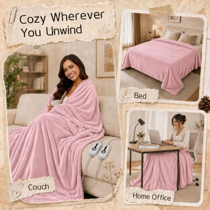 ReyyNio Electric Heated Blanket King Size 90"x100", Dual Controllers, Pink