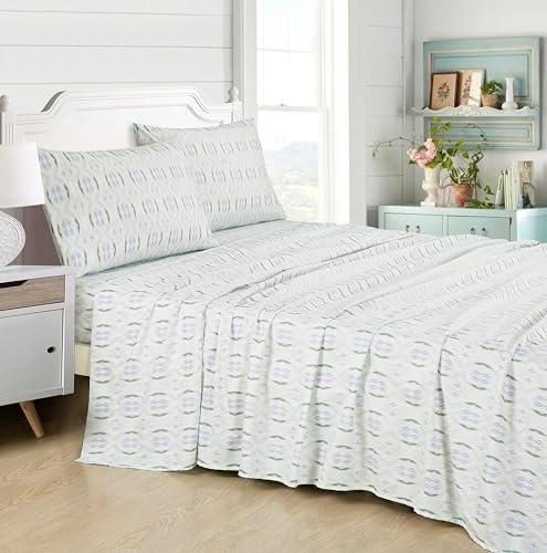 Chezmoi Collection 4-Piece Lodge Geometric Prickly Pear Cactus Sheet Set King Size - Green Purple Printed Brushed Microfiber Lightweight Breathable Bed Sheets