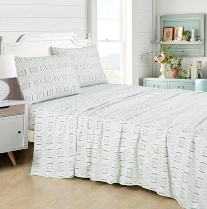 Chezmoi Collection 4-Piece Lodge Geometric Prickly Pear Cactus Sheet Set King Size - Green Purple Printed Brushed Microfiber Lightweight Breathable Bed Sheets