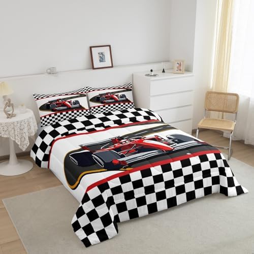 Teens Red Racing Car Comforter Set Queen Size,Extreme Sports Theme Bedding Set for Kids Boys Girls Bedroom Decoration,Black White Grid Bed Duvet Insert,Race Car Comforter with 2 Pillowcases