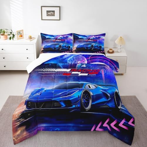 Feelyou Blue Race Car Bedding Set Toddler Size for Kids Boys Extreme Sports Car Comforter Set Decorations Teens Galaxy Planet Car Duvet Set Cool Modern Quilt Set 2Pcs