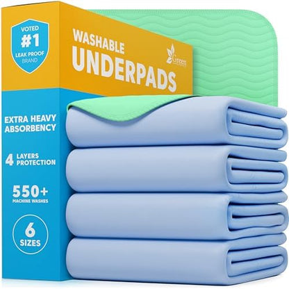 GREEN LIFESTYLE® Washable Underpads - Heavy Absorbency Reusable Bedwetting Incontinence Pads for Kids, Adults, Elderly, and Pets - Toddler Mattress Pads for Bed, Sofa, Couch, Floor (Pack of 4 - 30x34)
