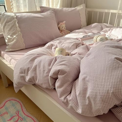 mixinni Purple White Gingham Duvet Cover Full Size - 3 Piece Cottagecore Plaid Bedding Set with Lace Trim, Soft Washed Microfiber Vintage Aesthetic Grid Comforter Cover & Pillow Shams