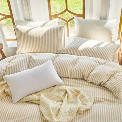 Striped Duvet Cover Set Full Size 100% Washed Cotton Linen Feel 3 Piece Bedding Set Comfy Breathable (Full, Classic Stripe-Beige/White)