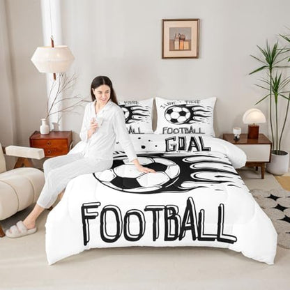 Erosebridal Soccer Bedding Full Size Football Comforter Sets for Boys Men Sports Theme Room Decor Ball Gaming Gamer Duvet Insert Kids Teens Toddler Quilt Comforter White and Black Bedroom Decor, Soft