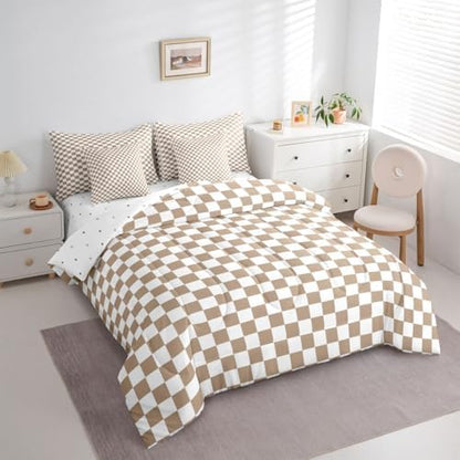 jejeloiu Light Brown Plaid Comforter Set King Size 7 Pieces Checkered Classic Bedding Set for Kids Grid Geometric Bed in a Bag with Comforter, Sheets, Pillowcases, Cushion Covers Lightweight