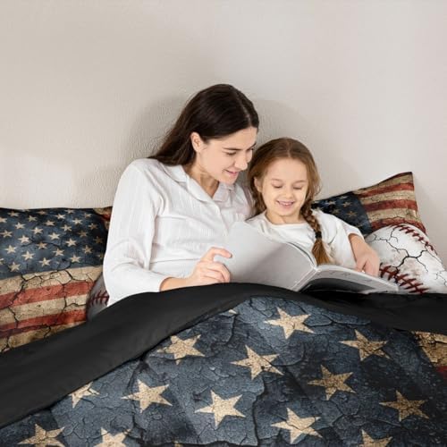 Erosebridal Baseball Comforter Set, Boys American Flag Bedding Set King Size Sports Games Down Comforter United States Federations Stars Stripes Quilt for Kids Teens Bedroom, Baseball Gift for Boys