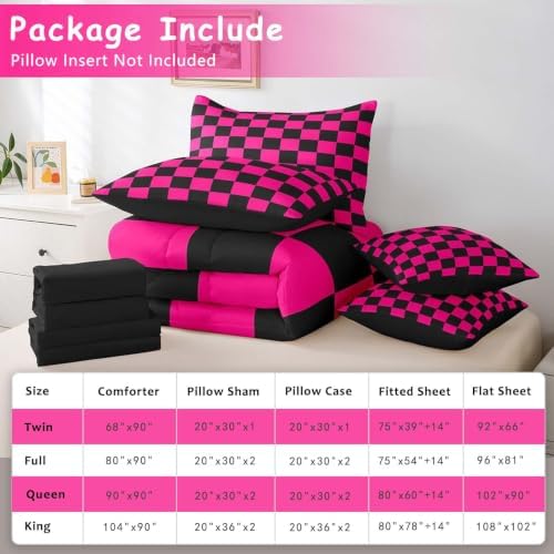 Feelyou Checkered 7 Piece Bedding Set Teen Dark Red Black Plaid Comforter Set with Sheets King Size Kids Boys Cute Retro Neutral Checkerboard Geometric Bed in a Bag Vintage Aesthetic Room Decor