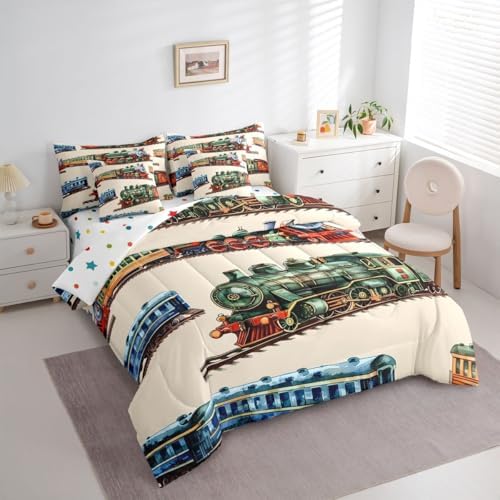 Erosebridal Boys Train Full Comforter Set with Sheets for Home, Vintage Steam Train Bed in A Bag, Steam Engine 7 Pieces Bedding Set, Transportation Vehicle Bed Sets for Kids Teen Men Bedroom