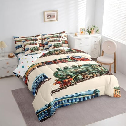 Erosebridal Boys Train Full Comforter Set with Sheets for Home, Vintage Steam Train Bed in A Bag, Steam Engine 7 Pieces Bedding Set, Transportation Vehicle Bed Sets for Kids Teen Men Bedroom