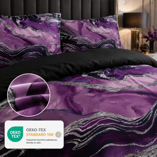 CCoutueChen Black Purple Marble Comforter Set Full Size, Modern Style