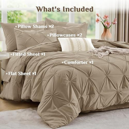 JOLLYVOGUE California King Comforter Set 7 Pieces - Bed in a Bag Cal King for All Season, Pintuck Bedding Comforter Sets with Comforter, Flat Sheet, Fitted Sheet and Pillowcases & Shams, Dark Linen