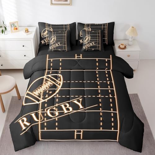 Sport Bedding Comforter Sets 7pcs for Boys Soccer Bed in a Bag, Football Theme Queen Bedding Sets Orange Black Comforter Set, Glowing Gradient Bedding Sets & Collections Soft (Black Reversible)