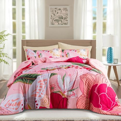 Tyrot Pink Boho Floral Queen Comforter Set - 3 Piece Coquette Cute Botanical Bedding Comforter Sets for Women Girls, Soft Lightweight Mid Century Bed Set, (1 Reversible Comforter and 2 Pillow Shams