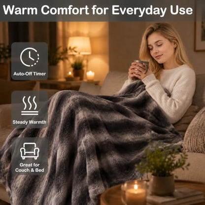 Eydna Electric Heated Blanket Throw Size 50"x60", Fast Heating Throw, Plush Faux Fur for Sofa & Office,4 Heating Levels & 4 Hours Auto Off, Machine Washable, Gifts for Womens-Gray White