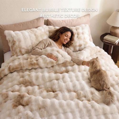 Smoofy Fluffy Faux Rabbit Fur Bubble Comforter Queen Size - Tie Dye Beige