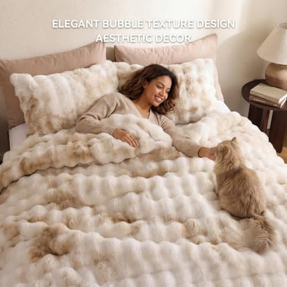 Smoofy Fluffy Faux Rabbit Fur Bubble Comforter Queen Size - Tie Dye Beige
