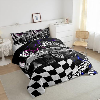 Toddler Race Car Bed for Boys,Blue Purple Neon Lights Honeycomb Bedding Set Cool Sports Car Glitter Beehive Geometric Hexagon Comforter Set Full,Black White Grid Lattice Quilt Buffalo Plaid Decor