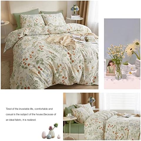 mixinni White Duvet Cover Set with Green Leaves Twin XL Size 100% Cotton Flower Printed Bedding Set 1 Duvet Cover 2 Pillowcases for Teen Girls, Ultra Soft, Breathable, Comfortable(3pcs, Twin XL Size)