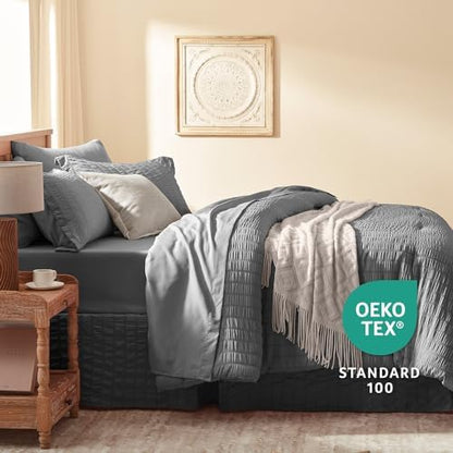 Laojin Balhen Twin Comforter Set 5 Pieces, Dark Grey Seersucker Bed in a Bag Set Twin Size, All Season Luxury Bedding Sets with Comforter, Sheets, Pillowcase & Sham