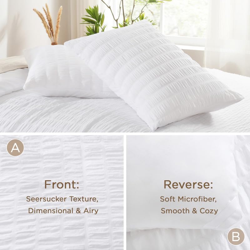 AveLom Seersucker Oversized King Comforter Set White (120x98 in), 3 Pieces 100% Soft Washed Microfiber Lightweight Comforter with 2 Pillowcases, All Season Down Alternative Comforter Set for King Bed
