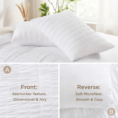AveLom Seersucker Oversized King Comforter Set White (120x98 in), 3 Pieces 100% Soft Washed Microfiber Lightweight Comforter with 2 Pillowcases, All Season Down Alternative Comforter Set for King Bed