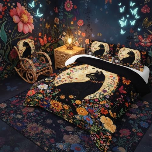 Black Cat Bedding Cartoon Cat Comforter Set Queen，Floral Bedding Queen Size Bed ，with 1 Comforter with 2 Pillow Case