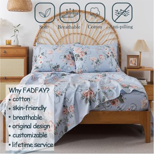 FADFAY Queen Sheets Set Percale Cotton Floral Bed Sheets Deep Pocket Fitted Sheet, Luxury Pink Roses and White Small Flowers Pattern Shabby Vintage Countryside Style Bedding,4Pcs