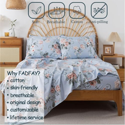 FADFAY Queen Sheets Set Percale Cotton Floral Bed Sheets Deep Pocket Fitted Sheet, Luxury Pink Roses and White Small Flowers Pattern Shabby Vintage Countryside Style Bedding,4Pcs