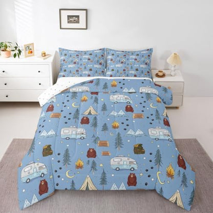 Homewish Cartoon Tents Camp Camper Comforter Set Twin Size,Camping Picnic Bedding Sets 2Pcs for Kids Girls Boys Teens Room Decor,Woodland Bear Quilted Duvet Snow Mountain Down Comforter,1 Pillowcase