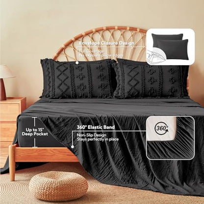 MR&HM King Size Comforter Set 7 Pieces, Farmhouse Boho Tufted Bed Set Black