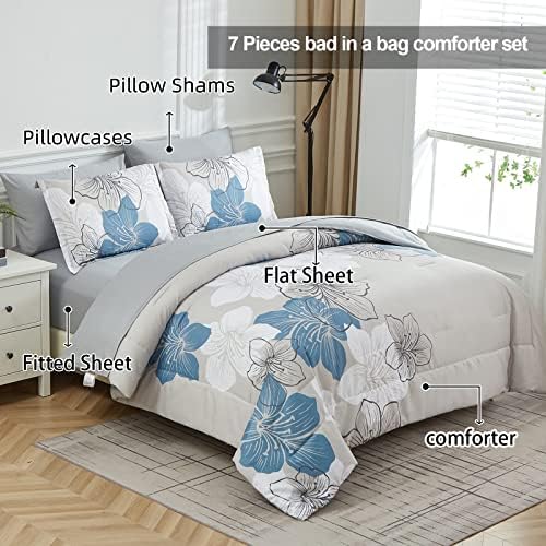 Luxudecor Floral Comforter Set Queen Size, Blue Floral Comforter and Sheet Set, 7 Pieces Bed in a Bag Soft Microfiber Complete Bedding Sets for All Seasons 90"×90"