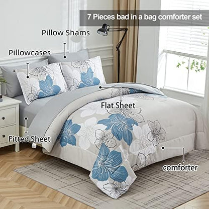 Luxudecor Floral Comforter Set Queen Size, Blue Floral Comforter and Sheet Set, 7 Pieces Bed in a Bag Soft Microfiber Complete Bedding Sets for All Seasons 90"×90"