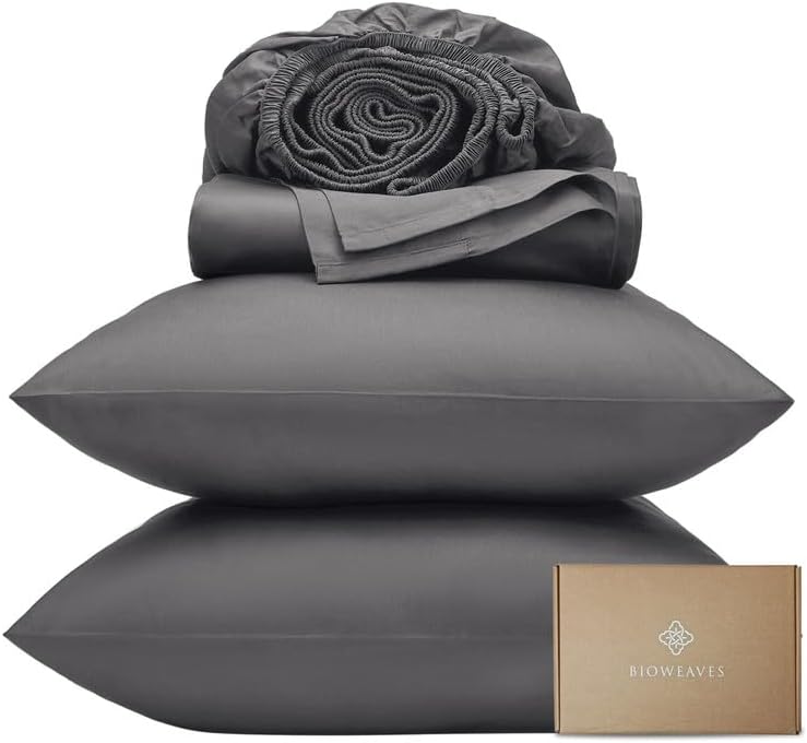 BIOWEAVES 100% Organic Cotton Sheets, 300 Thread Count 3-Piece GOTS Certified Bed Sheet Set Fits Mattress Upto 17" Deep Pocket, Soft & Silky Sateen Weave (Twin, Stone)