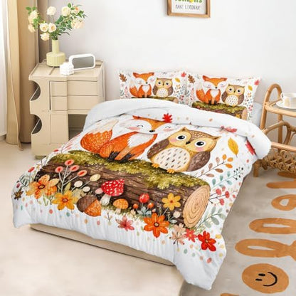 Cute Woodland Fox Owl King Size Comforter Set with 2 Pillowcases.