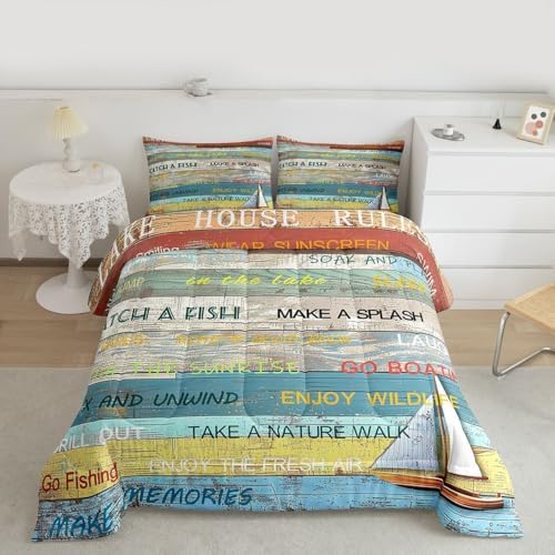 Castle Fairy Lake House Comforter Set Queen Size,Rustic Farmhouse Wooden Bedding Set 3pcs for Kids Teens Adults Room Decor,Boating Lover Quilt Set Vintage Sea Adventure Duvet Insert,2 Pillowcases