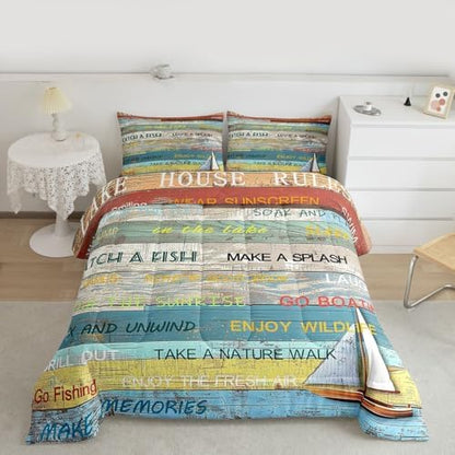 Castle Fairy Lake House Comforter Set Queen Size,Rustic Farmhouse Wooden Bedding Set 3pcs for Kids Teens Adults Room Decor,Boating Lover Quilt Set Vintage Sea Adventure Duvet Insert,2 Pillowcases