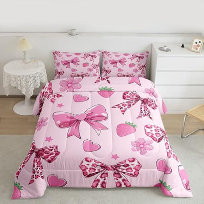 jejeloiu Bowknot Leopard Bedding Set Adults Girls Comforter Set Full Size